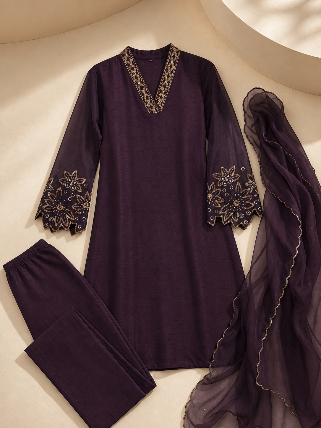 Royal Plum Embroidered Suit Set view 2