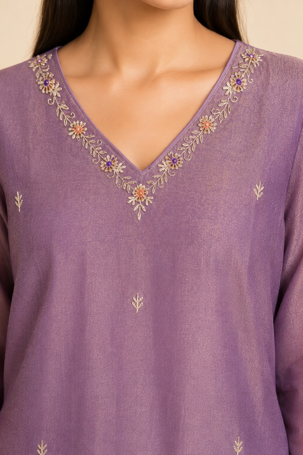 Lavender Embroidered Suit Set view 3