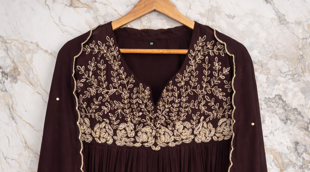 Chocolate Brown Embroidered Suit Set view 3