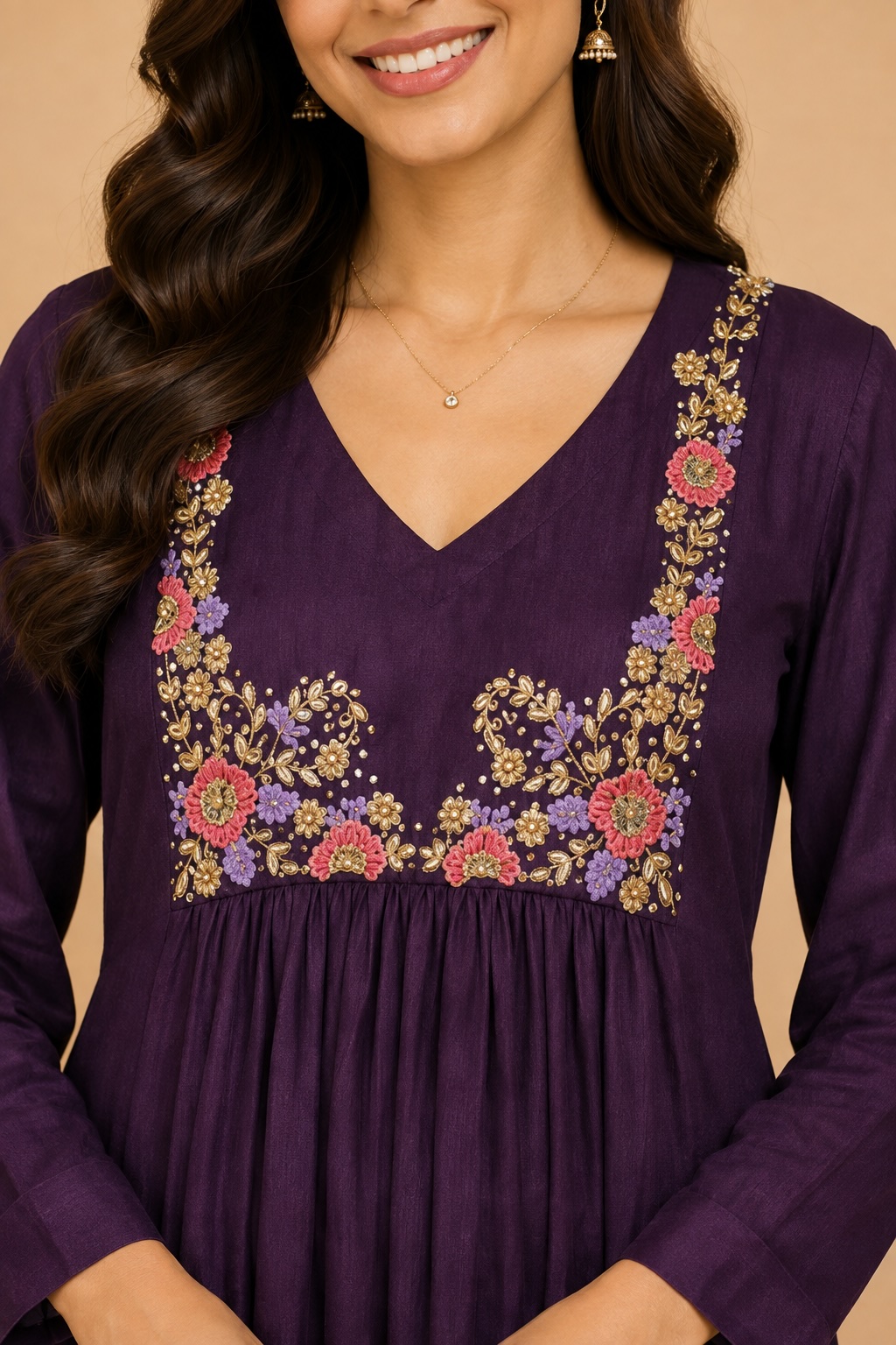 Plum Floral Embroidered Dress view 3