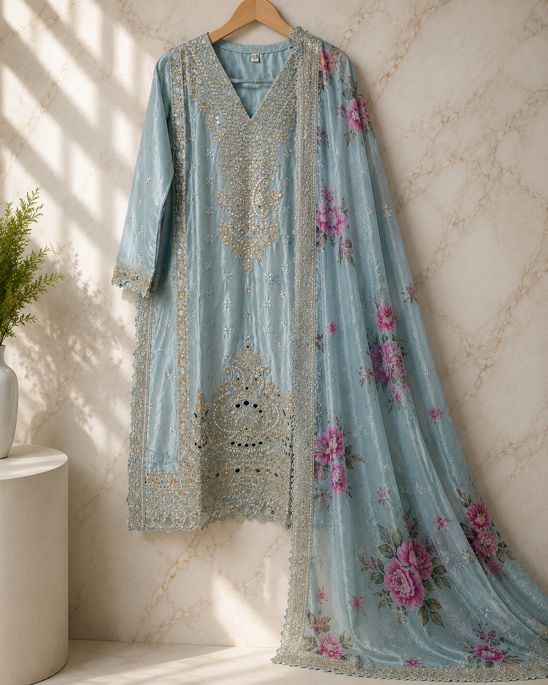 Sky Bloom Floral Chinon Chudidar Set view 4