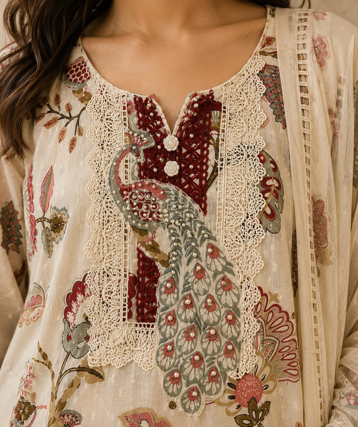Ivory Peacock Cotton Chudidar Set view 2