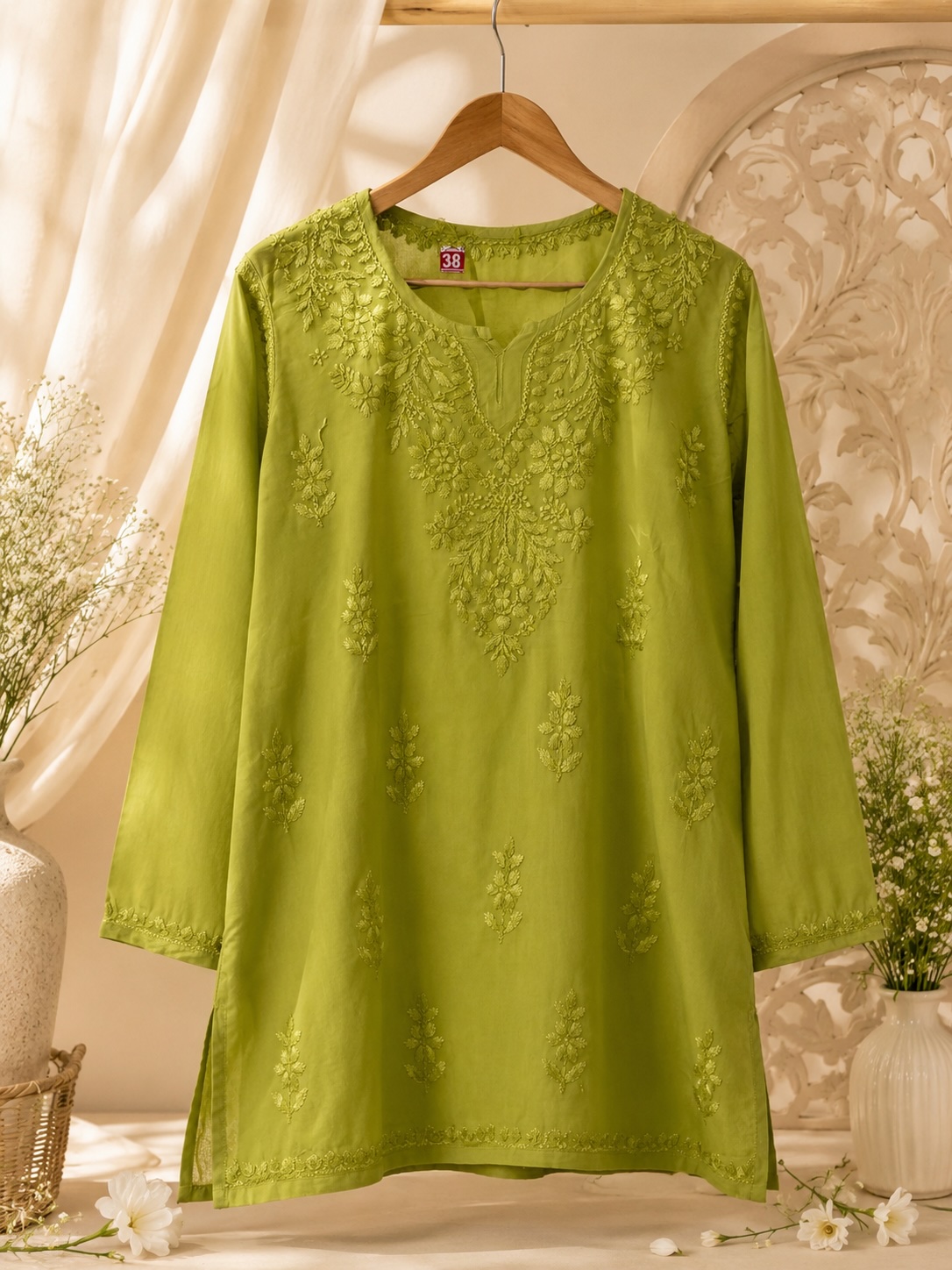 Olive Chikankari Malmal Cotton Top view 2