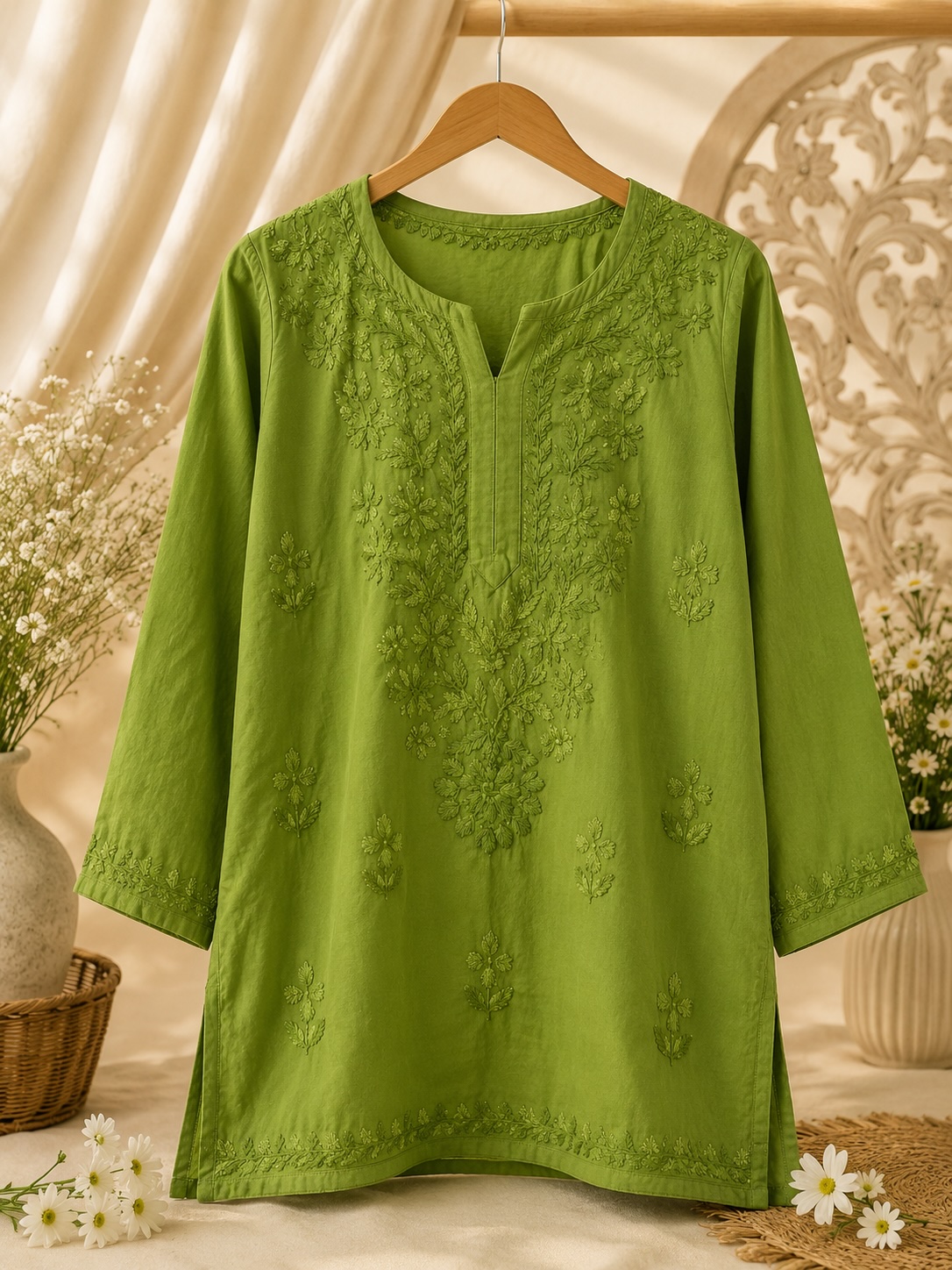 Dark Green Chikankari Malmal Cotton Top view 2