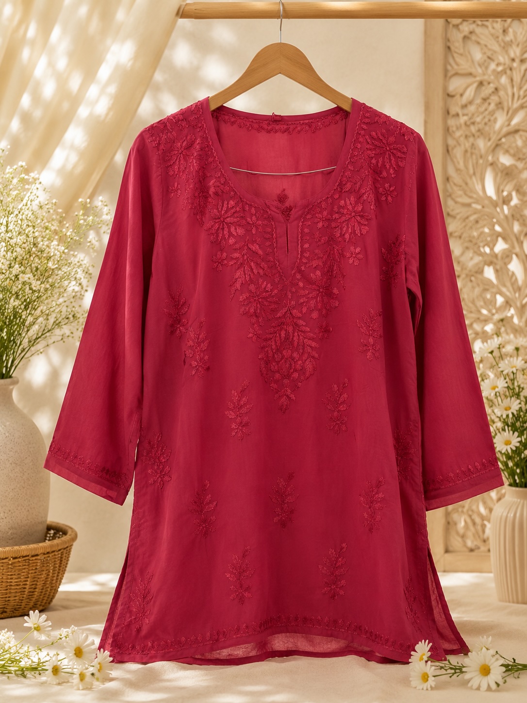 Ruby Red Chikankari Malmal Cotton Top view 2