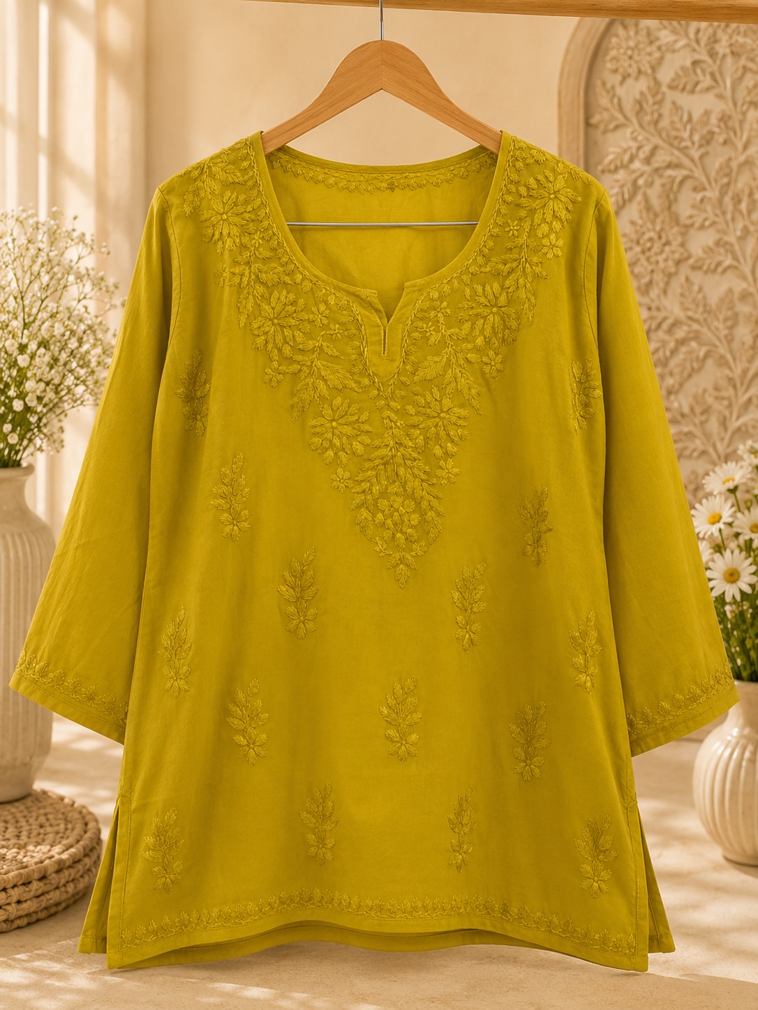 Mustard Yellow Chikankari Malmal Cotton Top view 2