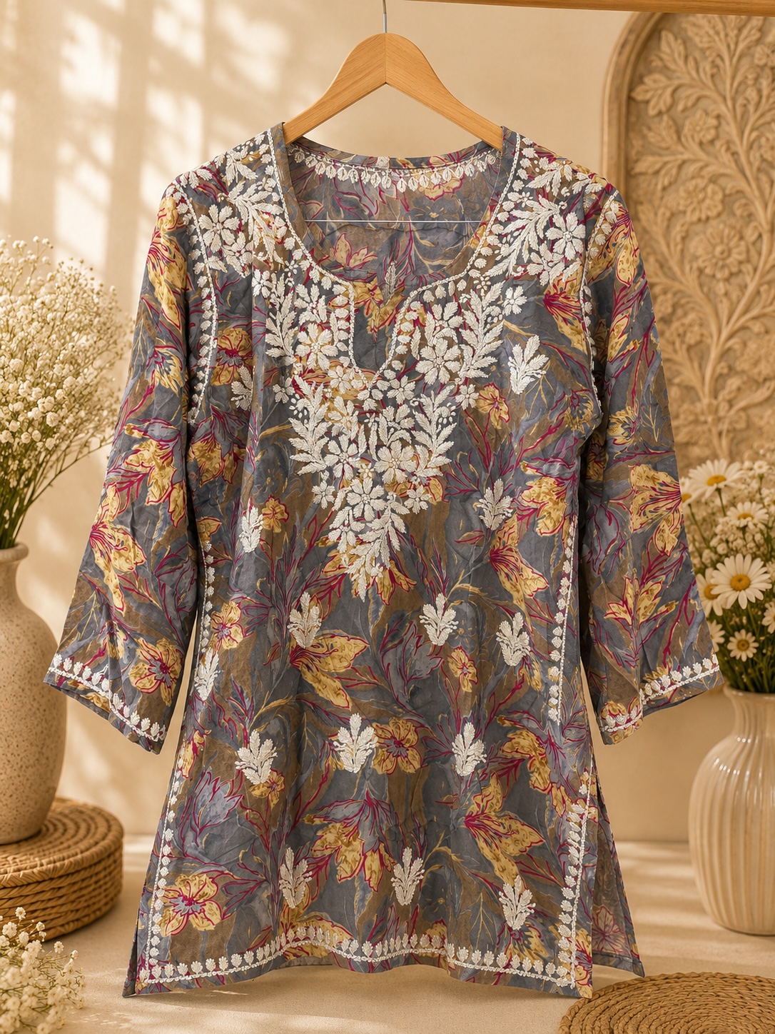 Grey Floral Modal Printed Chikankari Top view 2