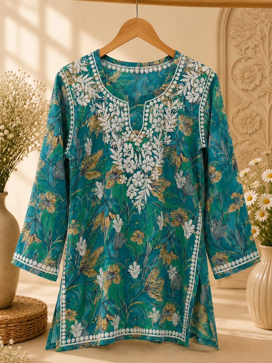 Turquoise Bloom Modal Printed Chikankari Top view 2