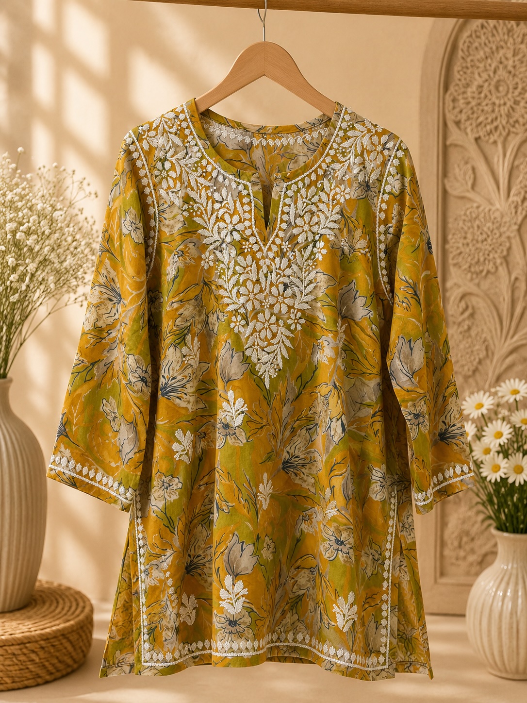 Mustard Floral Modal Printed Chikankari Top view 2