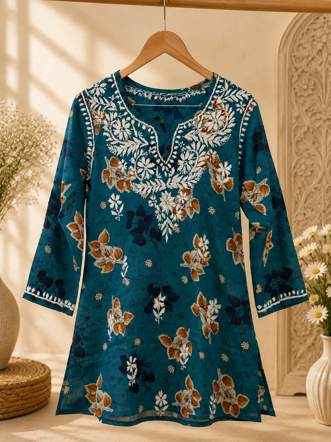 Teal Muslin Chikankari Top view 2