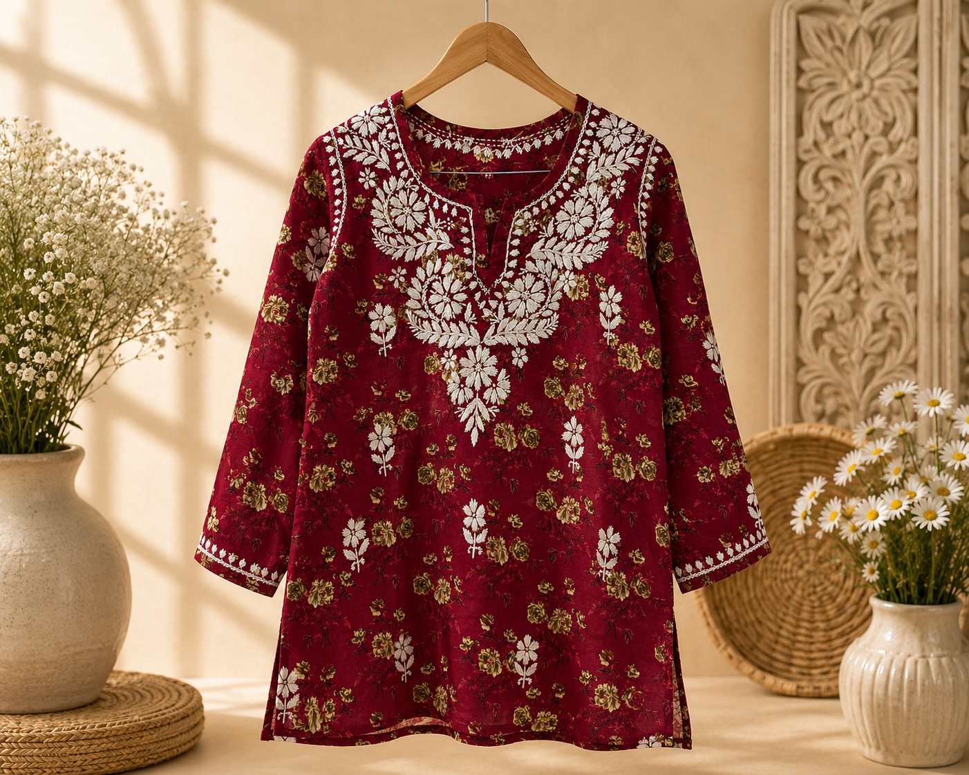 Dark Red Muslin Chikankari Top view 2