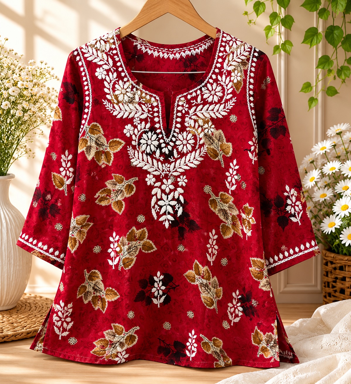 Light Red Muslin Chikankari Top view 2