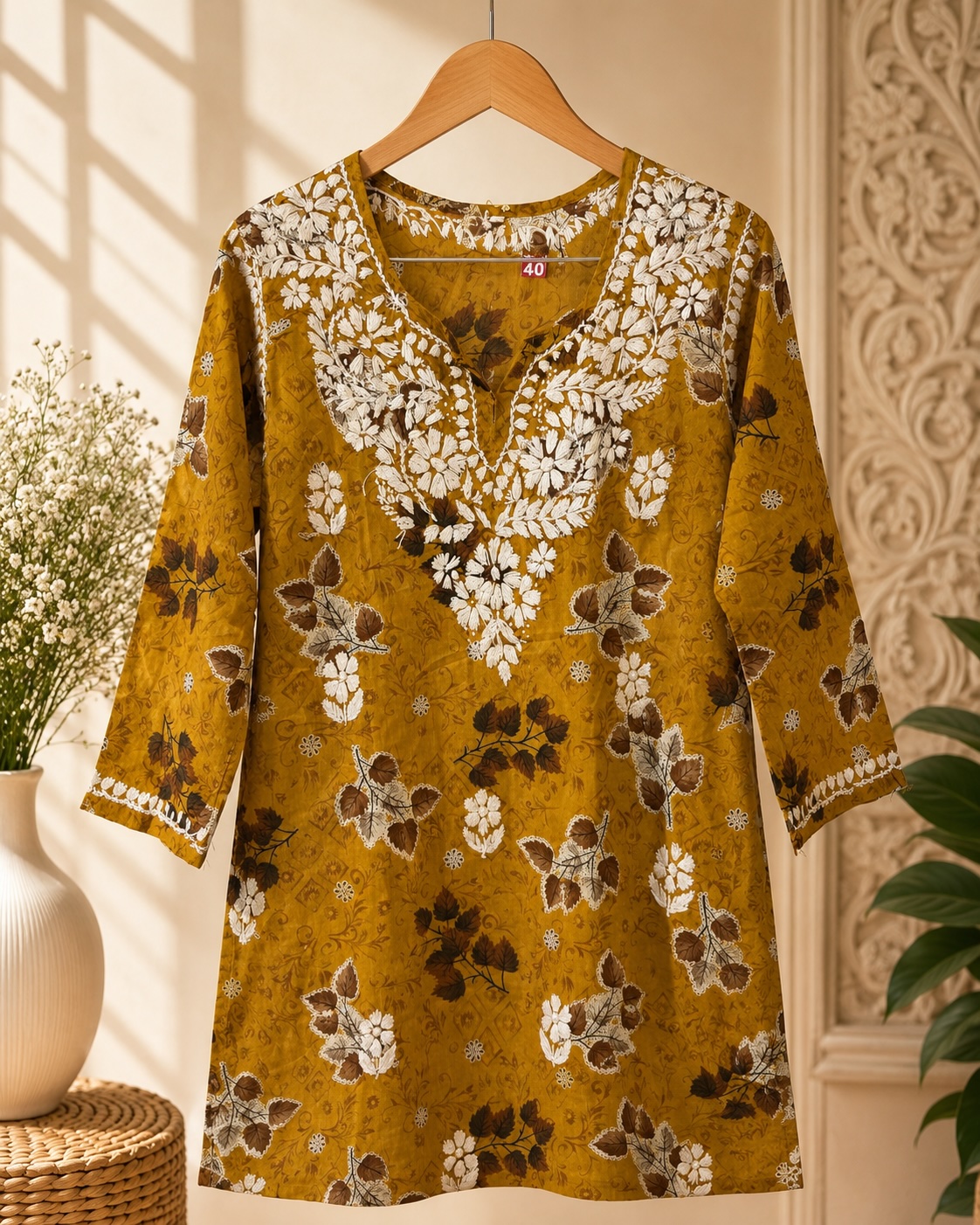 Mustard Gold Muslin Chikankari Top view 2