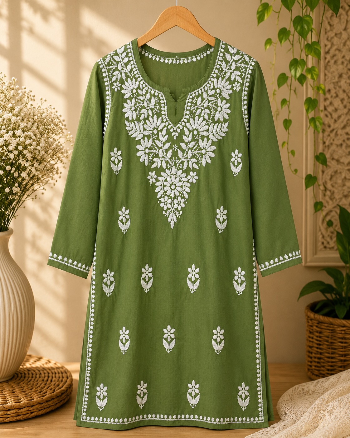 Olive Green Rayon Chikankari Top view 2
