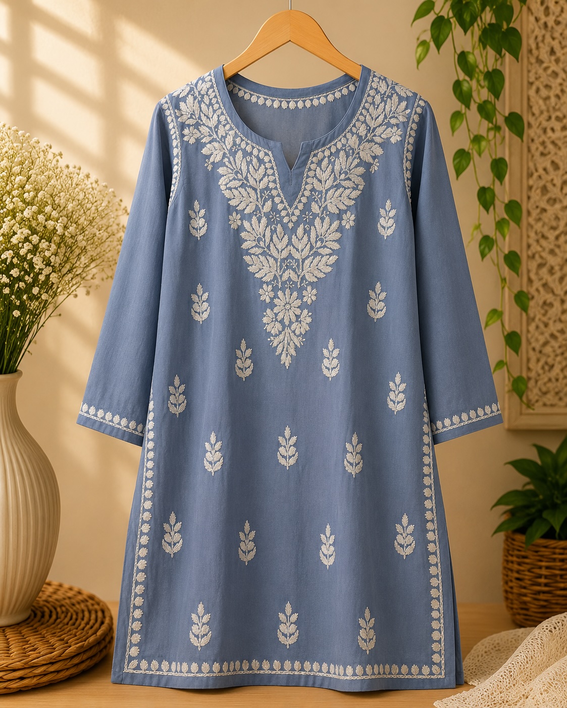 Dusty Blue Rayon Chikankari Top view 2
