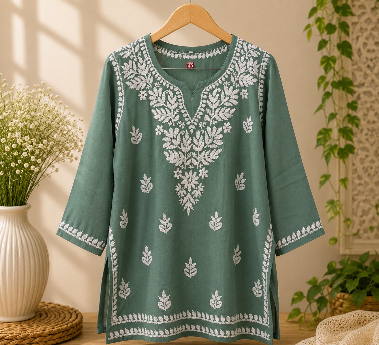 Sage Green Rayon Chikankari Top view 2