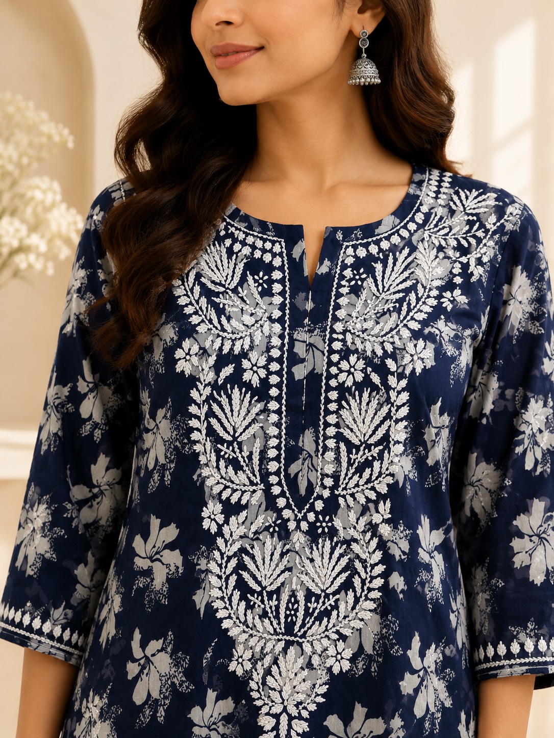 Navy Blue Chikankari Malmal Printed Long Kurta view 2