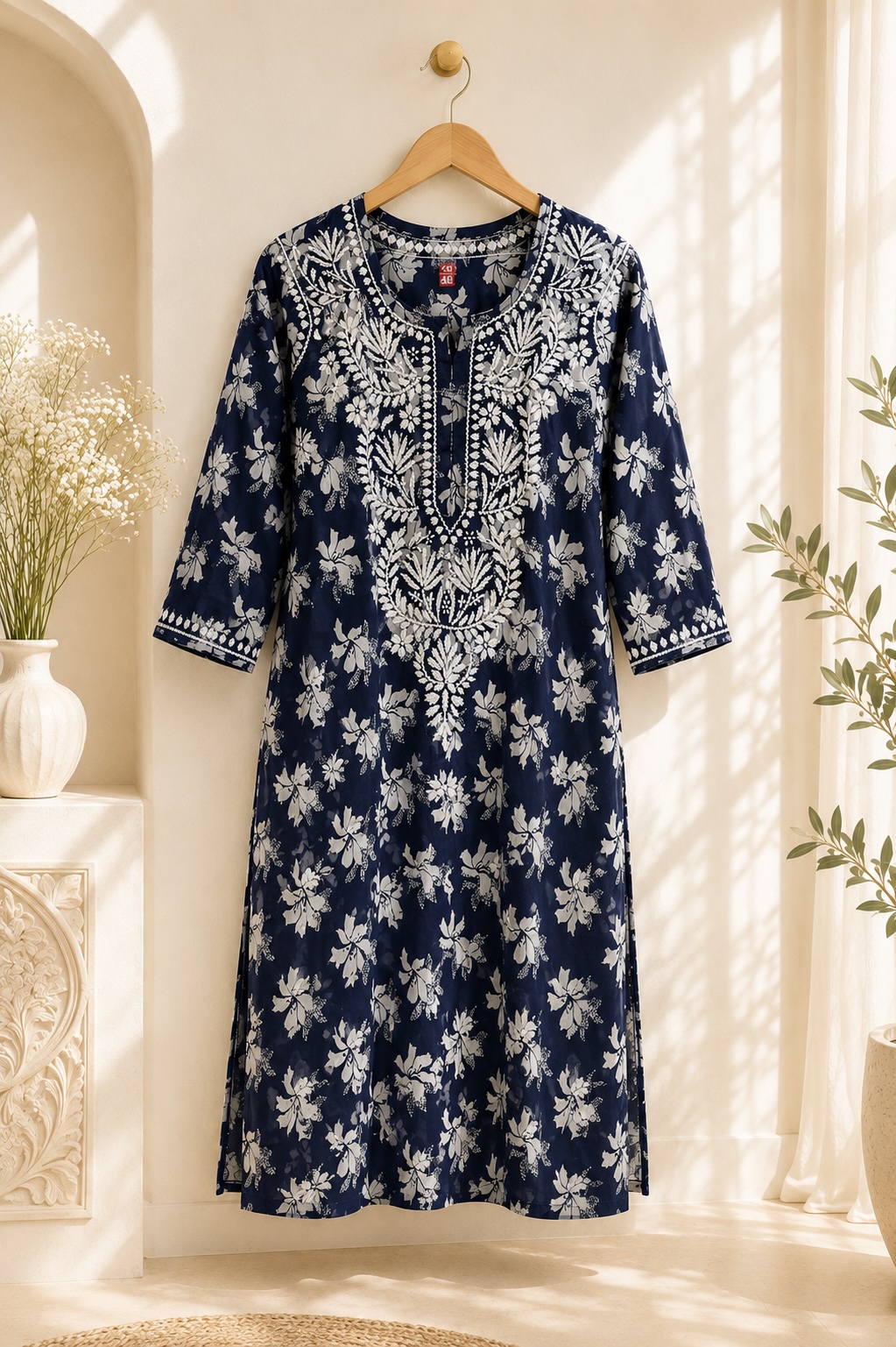 Navy Blue Chikankari Malmal Printed Long Kurta view 3