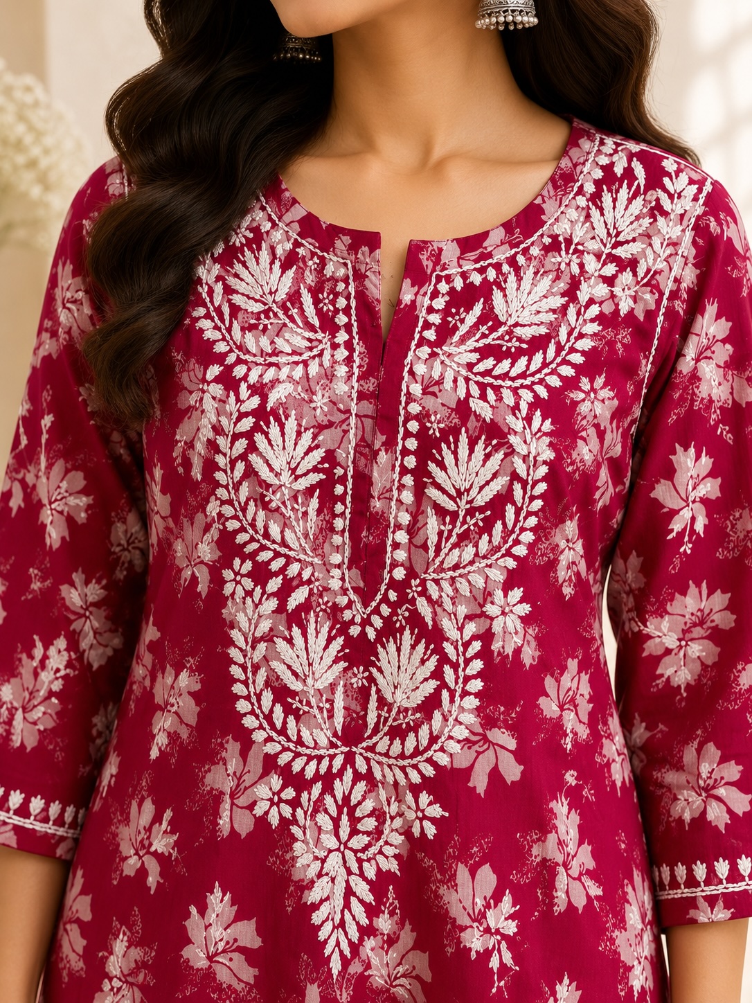 Rani Pink Chikankari Malmal Printed Long Kurta view 2