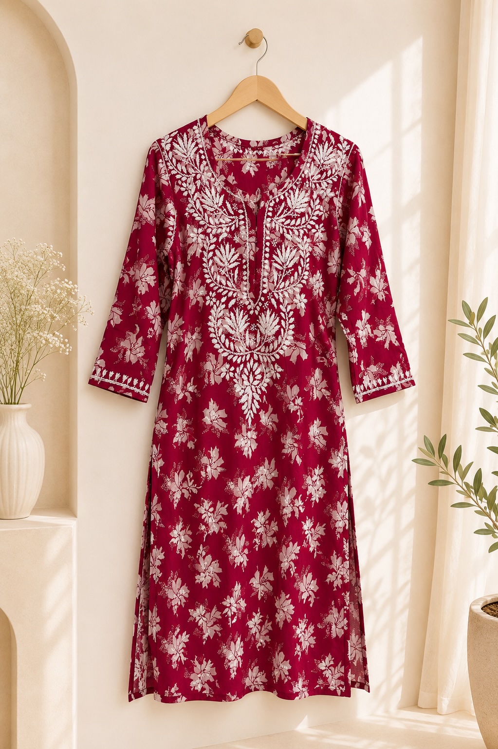 Rani Pink Chikankari Malmal Printed Long Kurta view 3