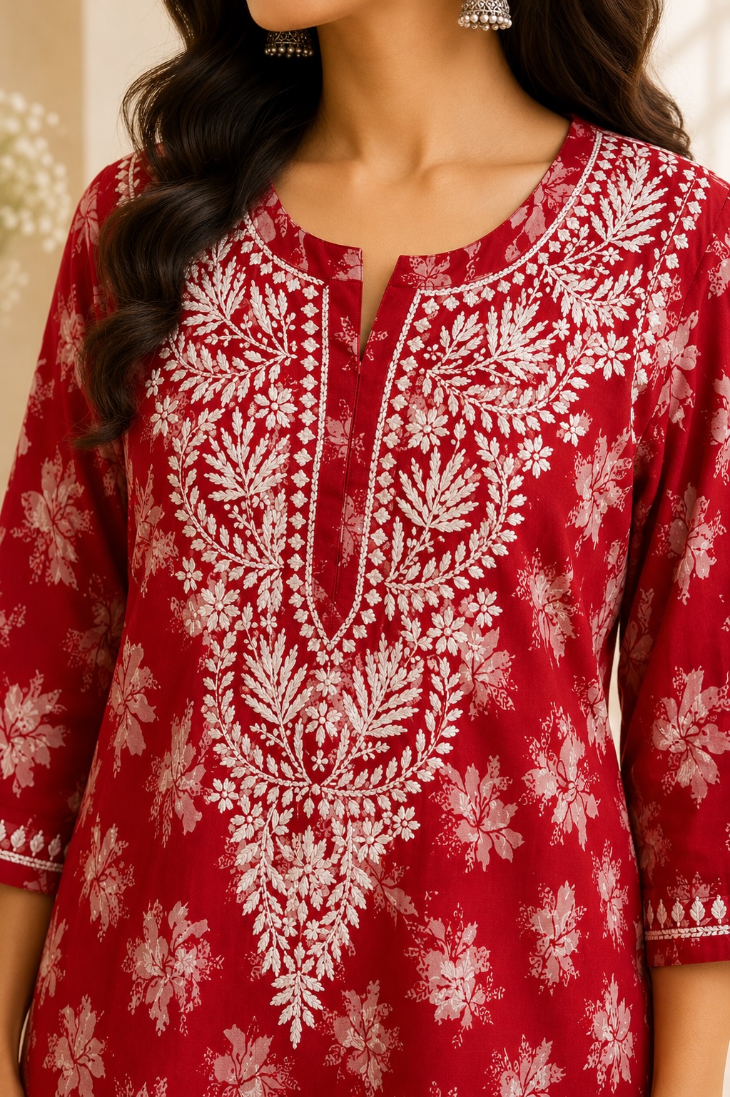 Red Chikankari Malmal Printed Long Kurta view 2