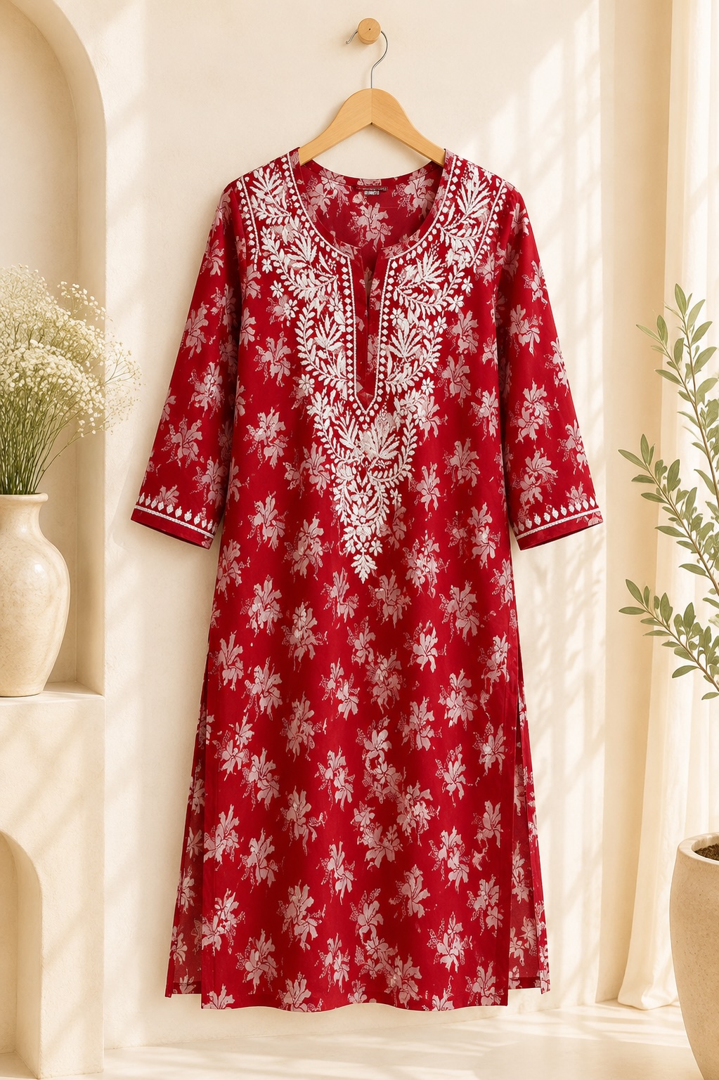 Red Chikankari Malmal Printed Long Kurta view 3