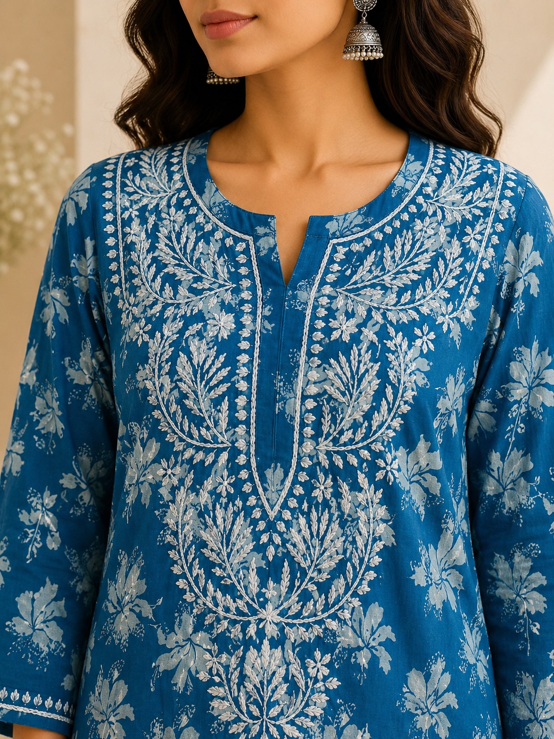 Sky Blue Chikankari Malmal Printed Long Kurta view 2