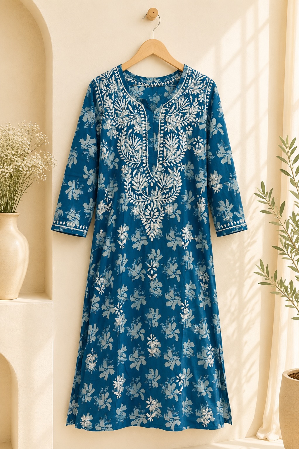 Sky Blue Chikankari Malmal Printed Long Kurta view 3