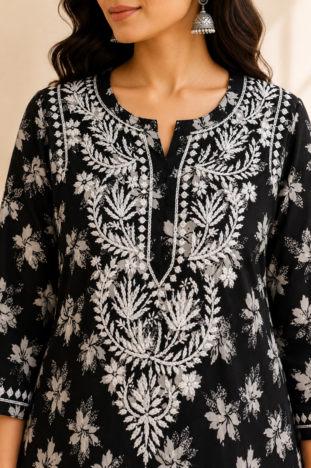Black Chikankari Malmal Printed Long Kurta view 2