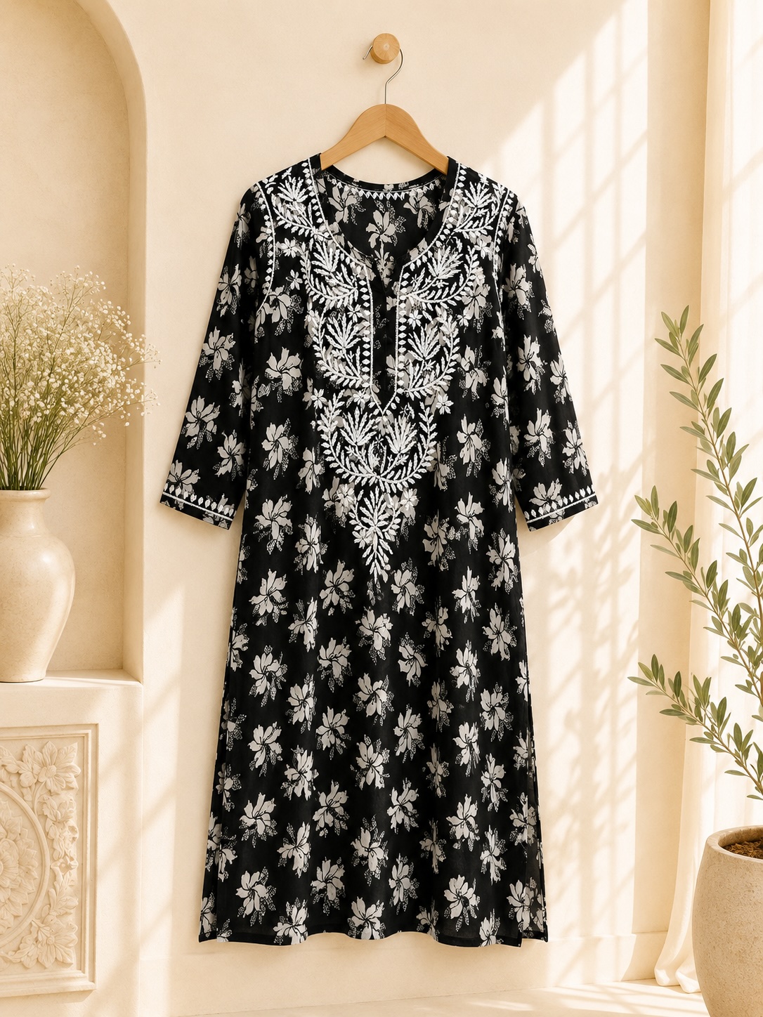 Black Chikankari Malmal Printed Long Kurta view 3