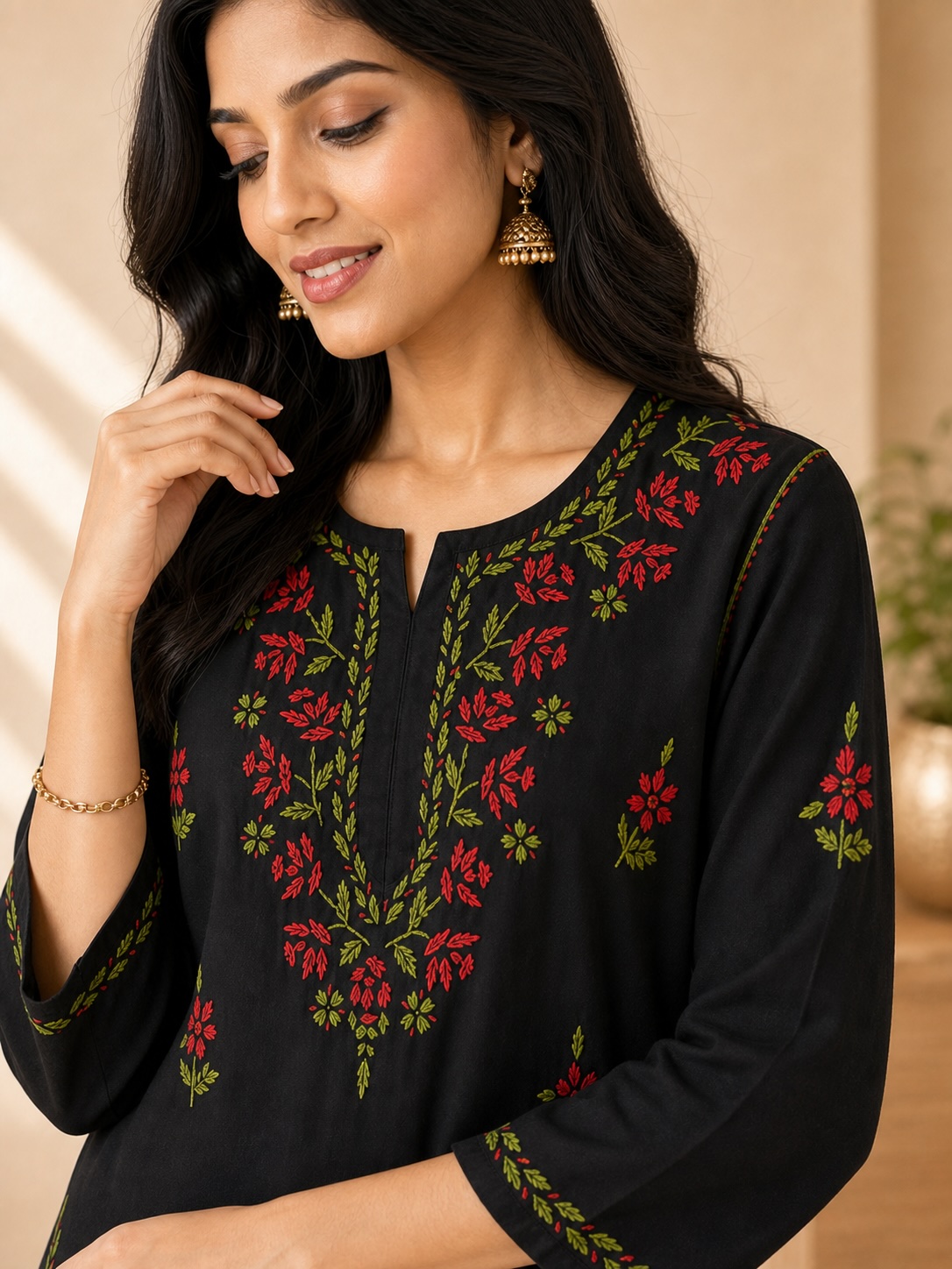 Black and Red Floral Chikankari Rayon Long Set view 2
