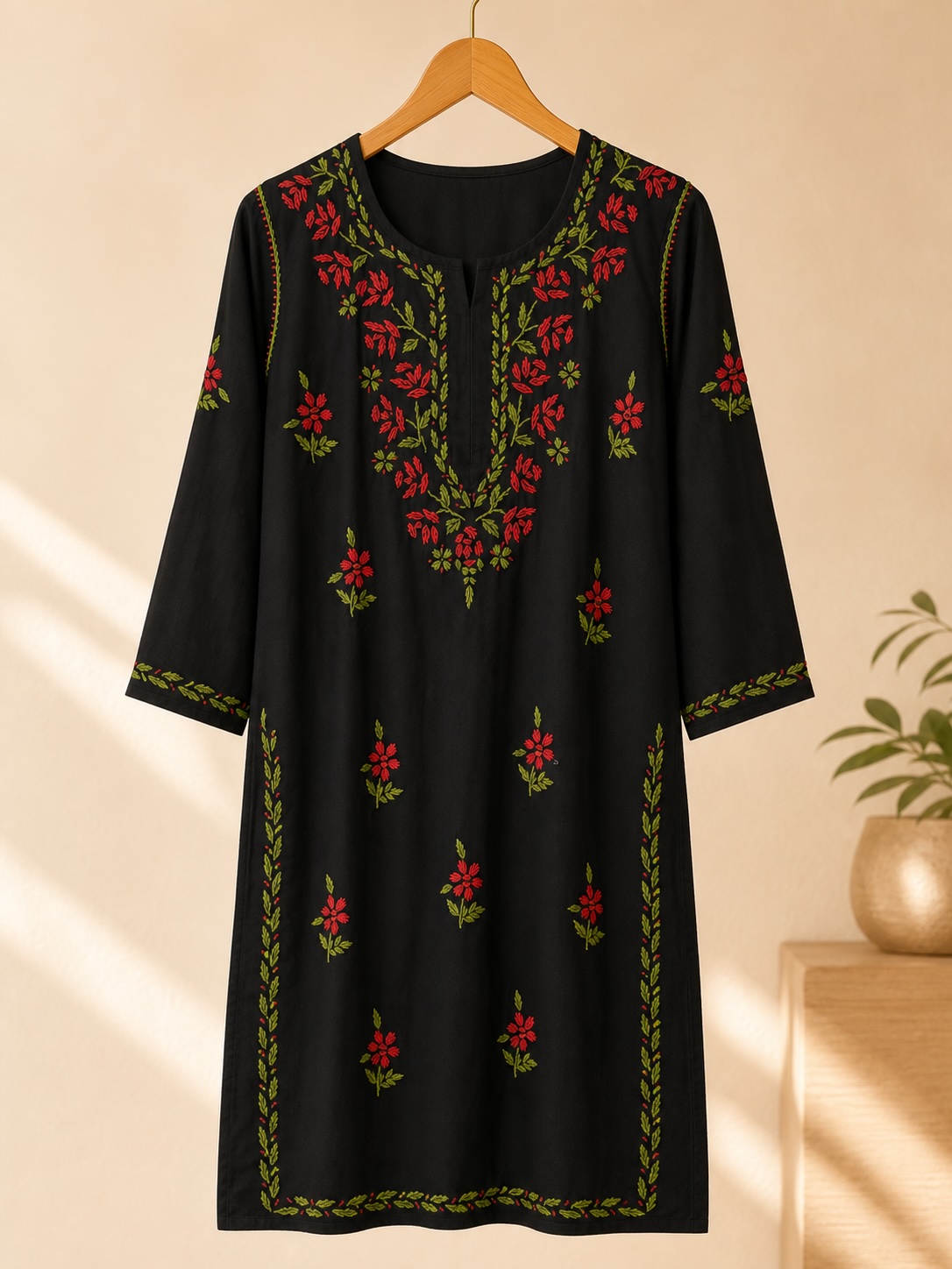 Black and Red Floral Chikankari Rayon Long Set view 3