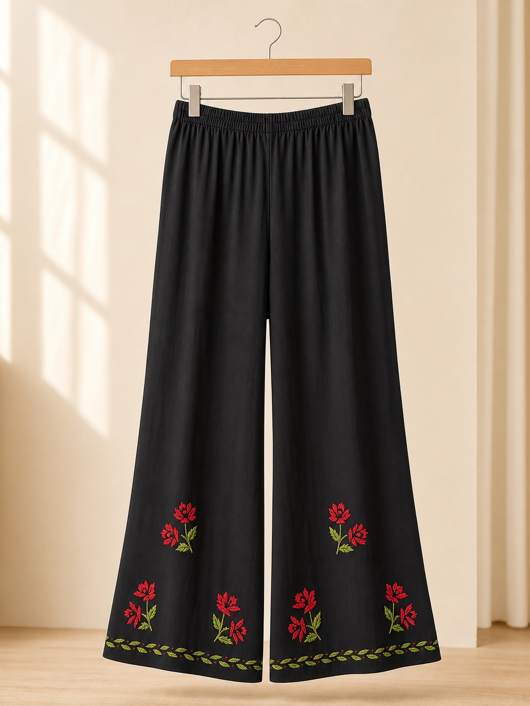 Black and Red Floral Chikankari Rayon Long Set view 4