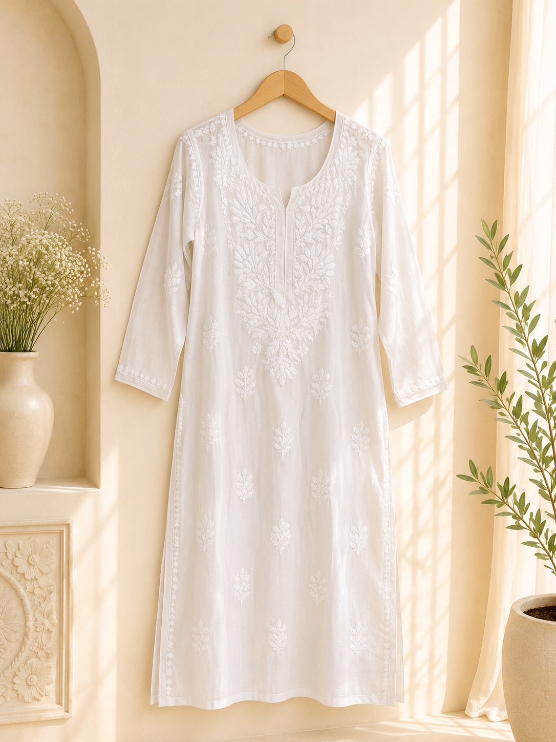 White Chikankari Malai Cotton Long Kurta view 2