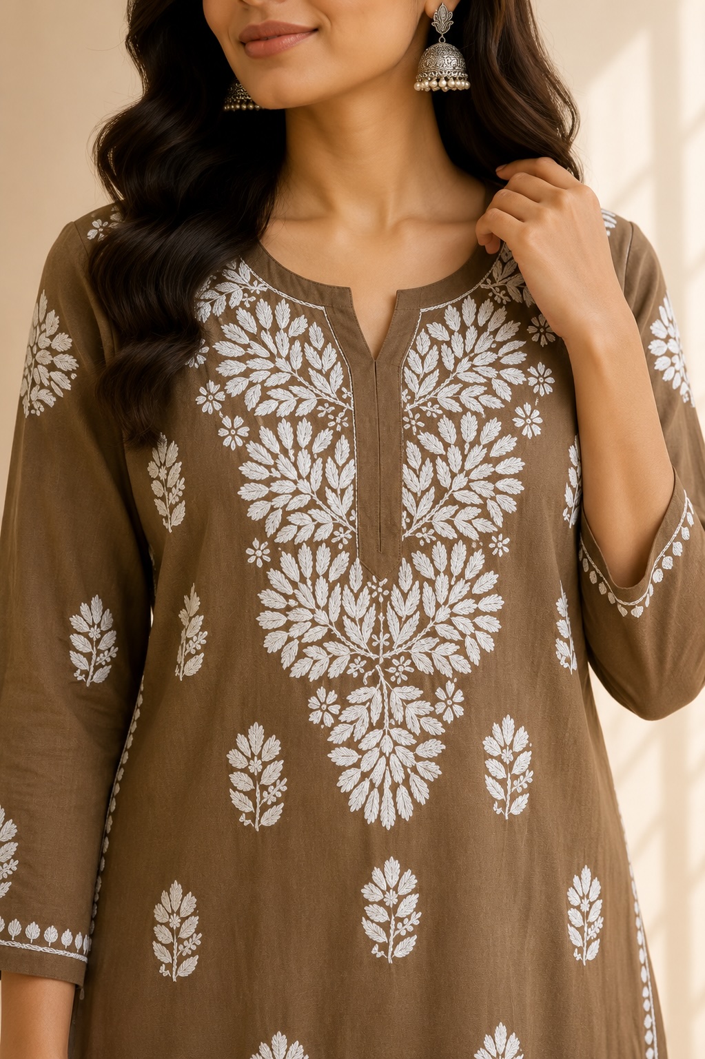 Brown Chikankari Malai Cotton Long Kurta view 2