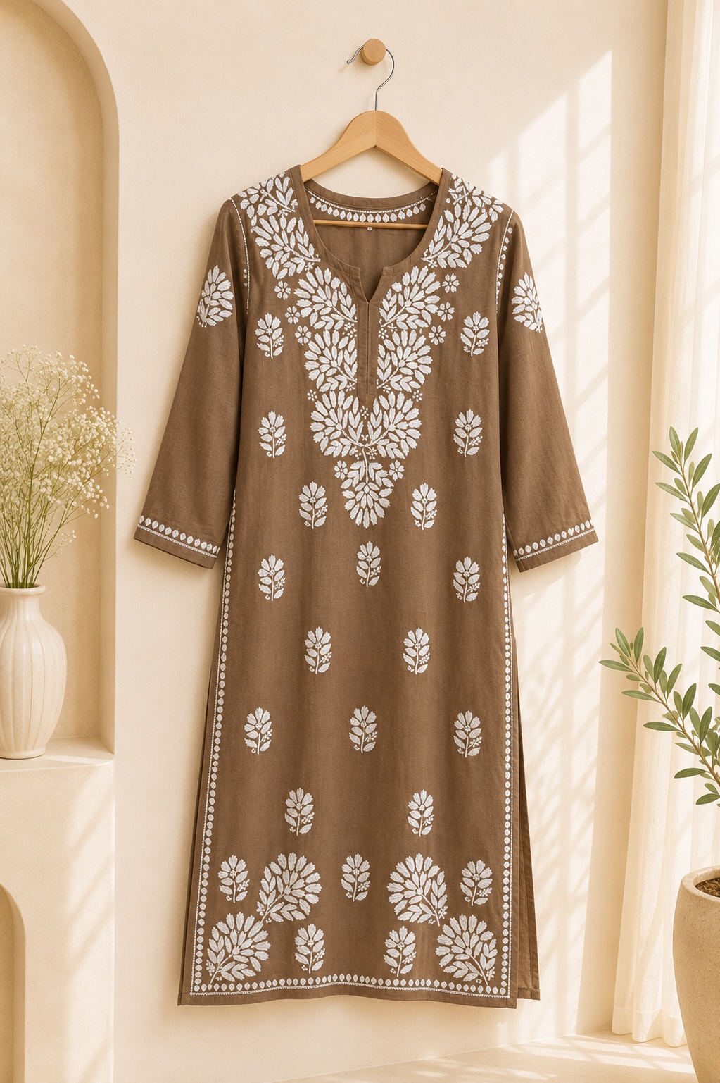 Brown Chikankari Malai Cotton Long Kurta view 3