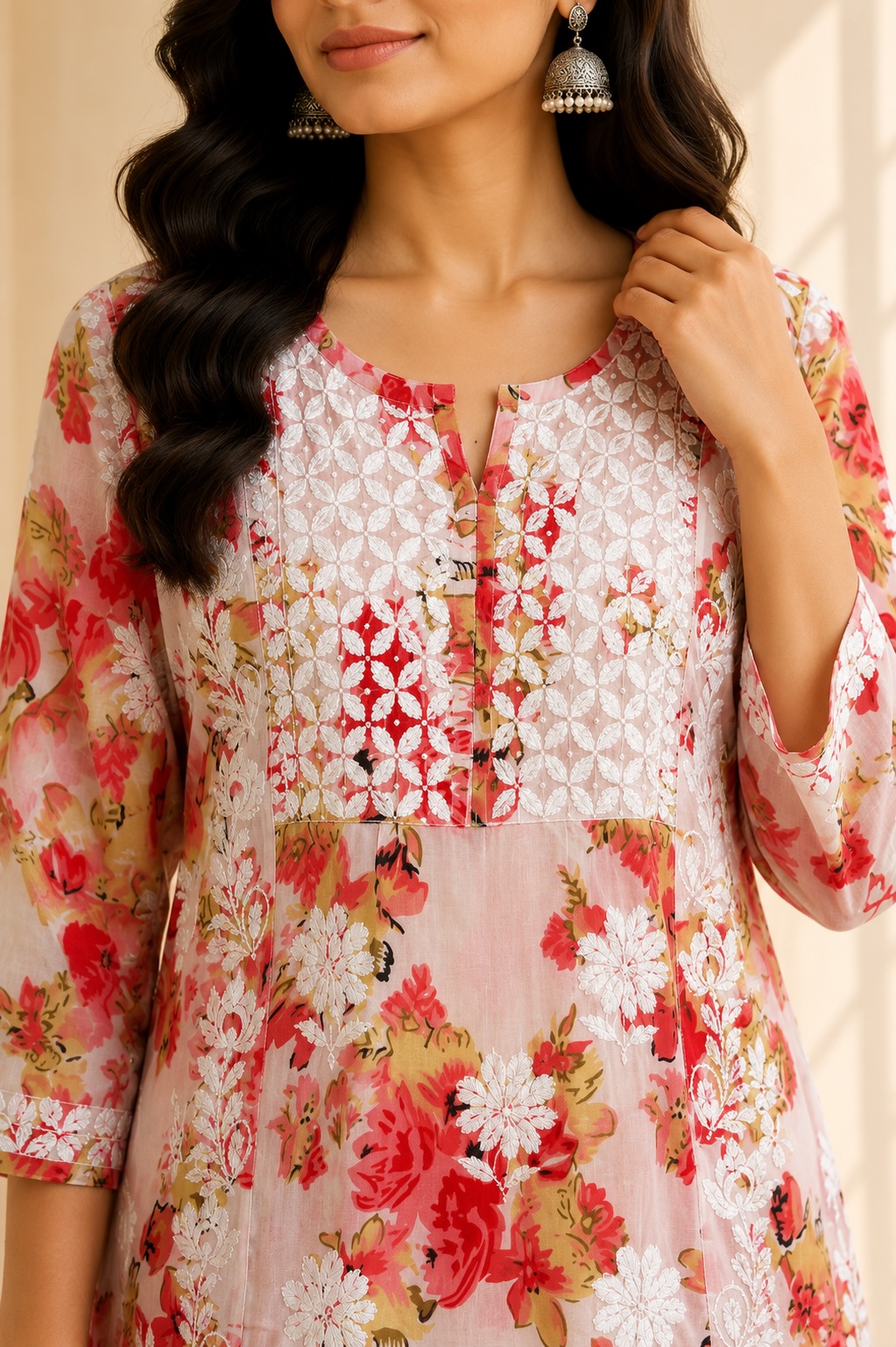 Peach Floral Chikankari Modal Printed Long Kurta view 2