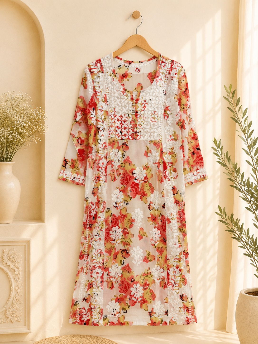 Peach Floral Chikankari Modal Printed Long Kurta view 3
