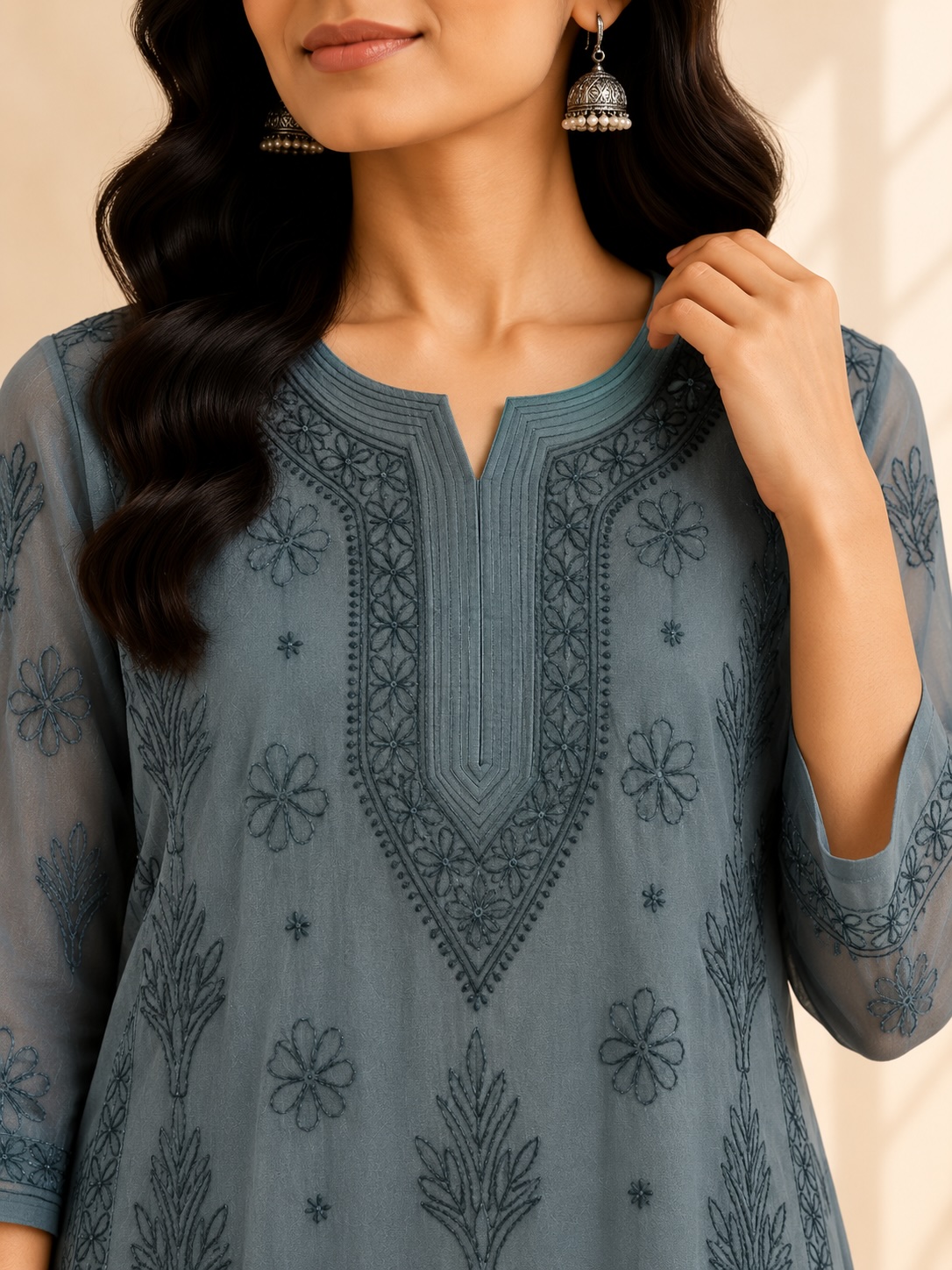 Steel Blue Chikankari Georgette with Lining Long Kurta view 2
