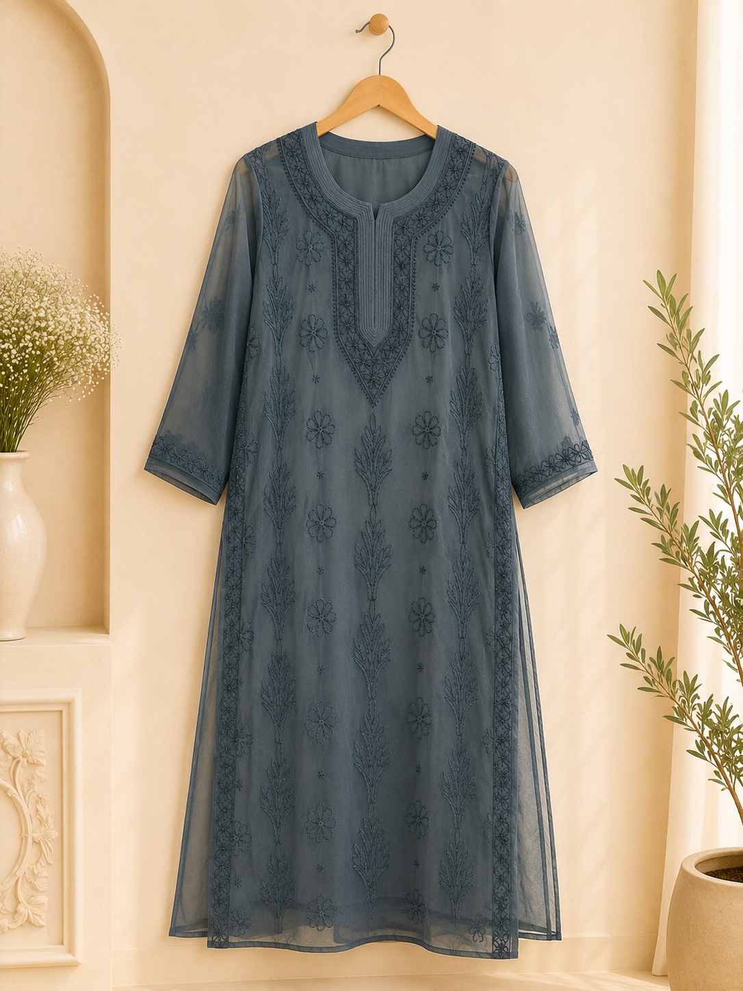 Steel Blue Chikankari Georgette with Lining Long Kurta view 3