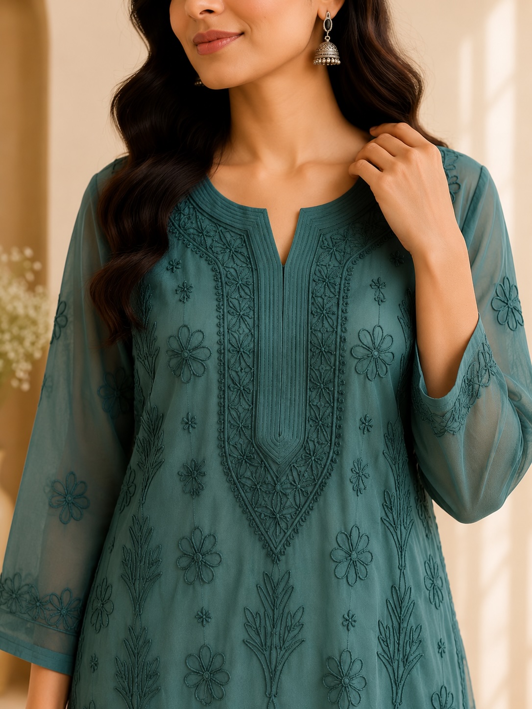 Teal Green Chikankari Georgette with Lining Long Kurta view 2