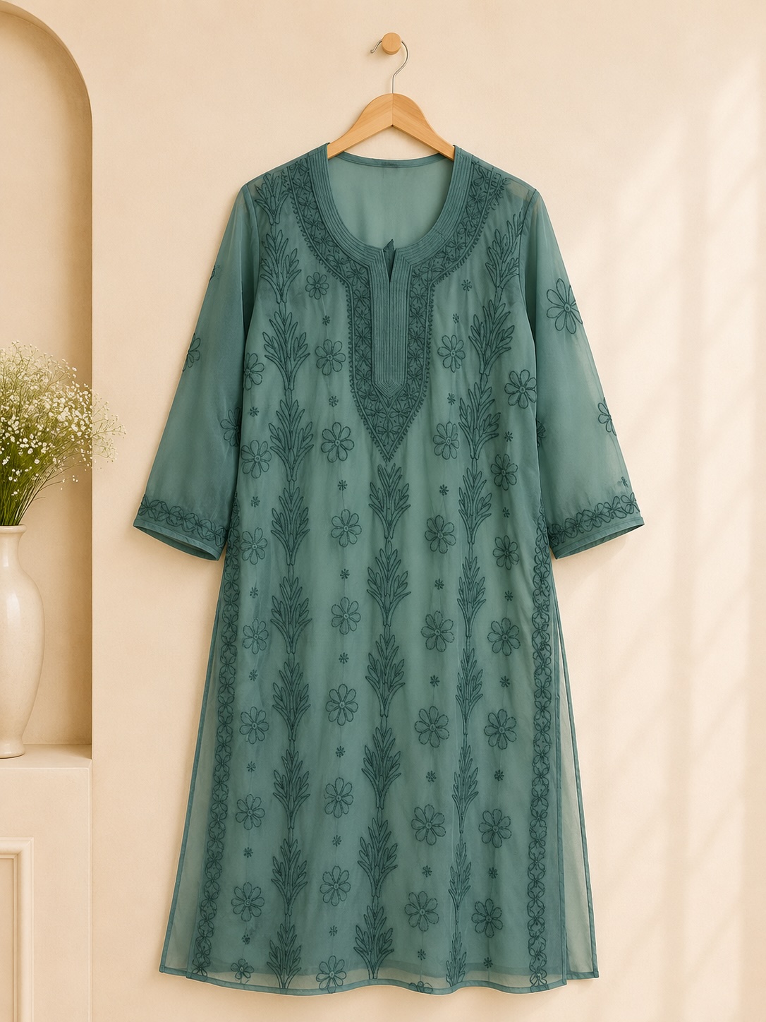 Teal Green Chikankari Georgette with Lining Long Kurta view 3