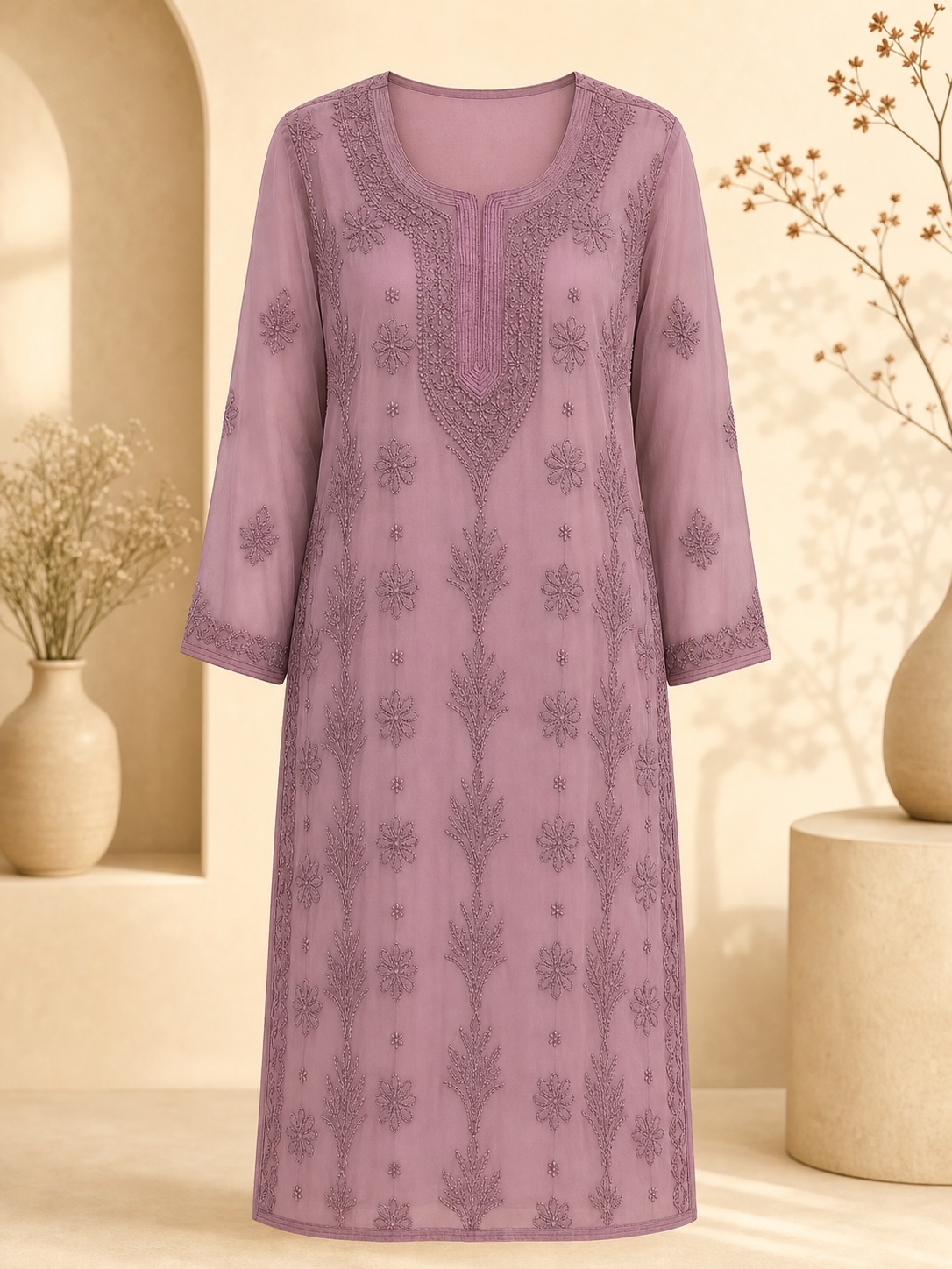 Dusty Mauve Chikankari Georgette with Lining Long Kurta view 3