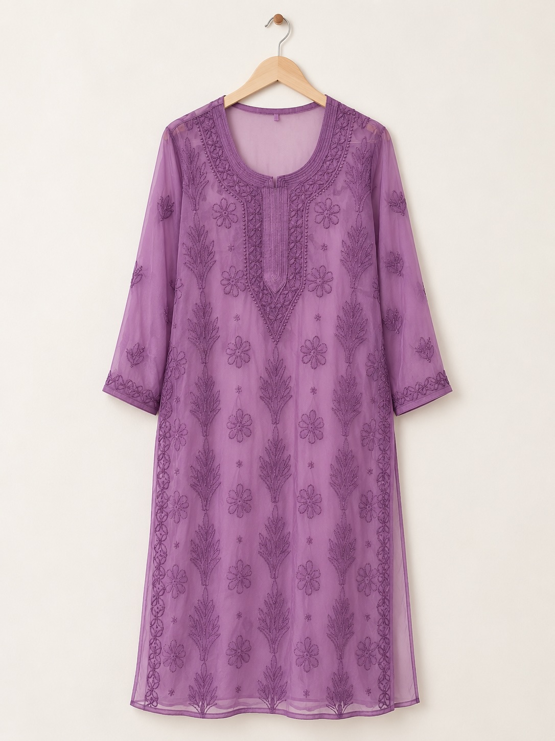Lavender Chikankari Georgette with Lining Long Kurta view 3