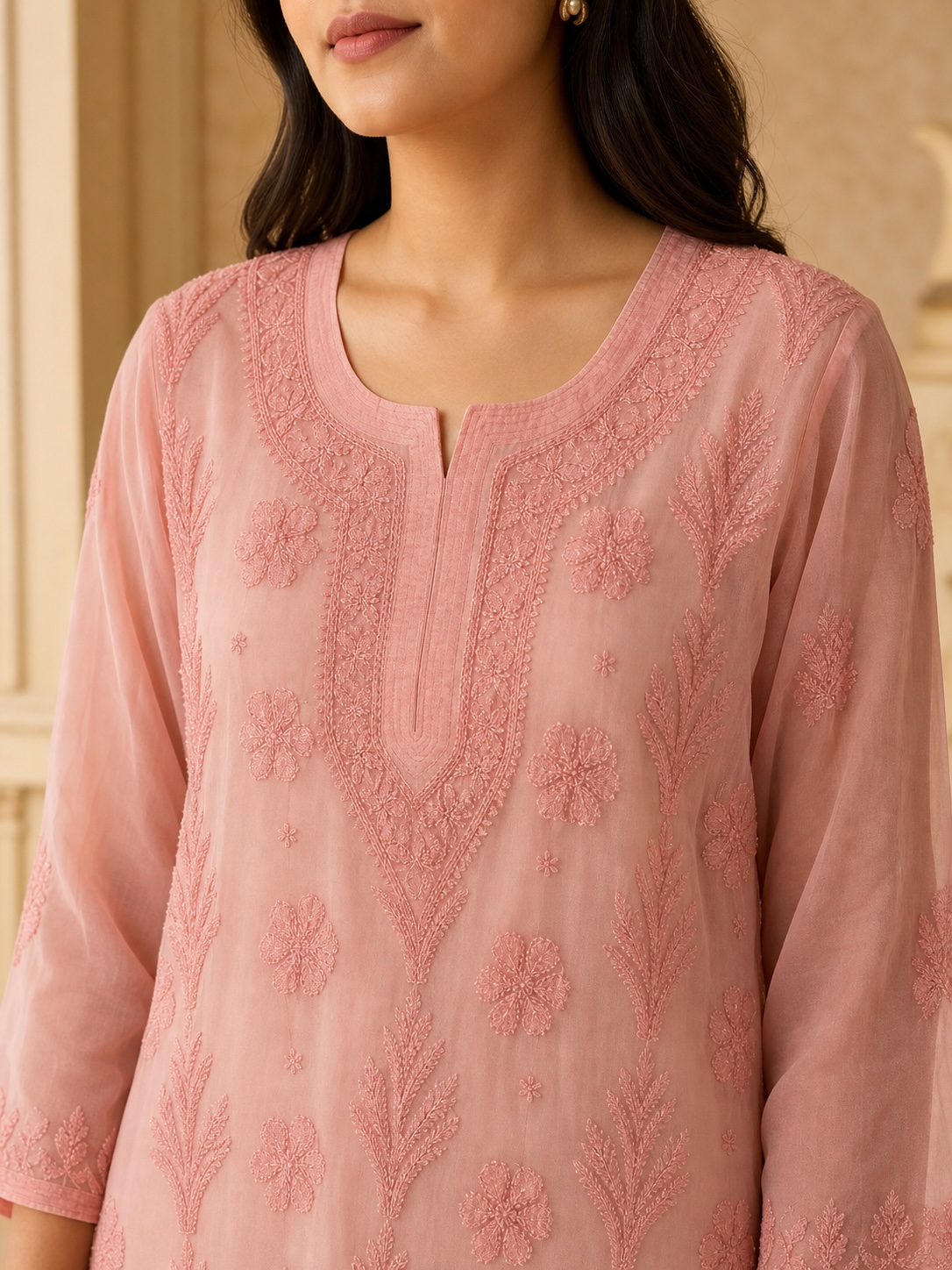 Blush Pink Chikankari Georgette with Lining Long Kurta view 2