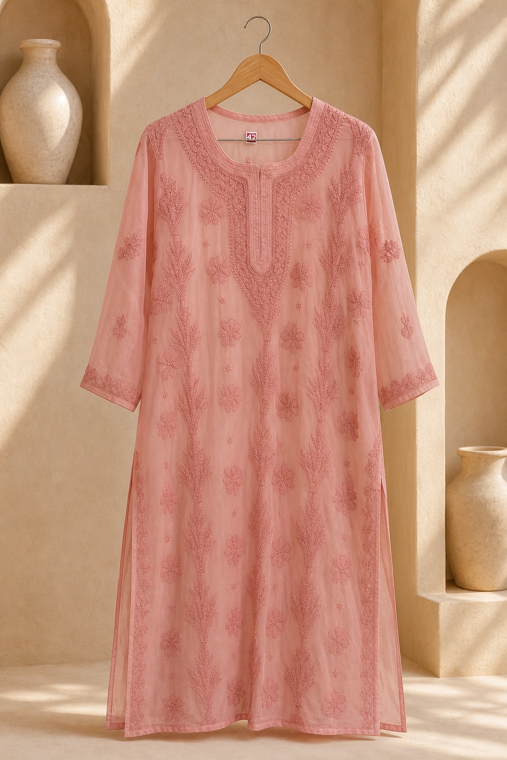 Blush Pink Chikankari Georgette with Lining Long Kurta view 3