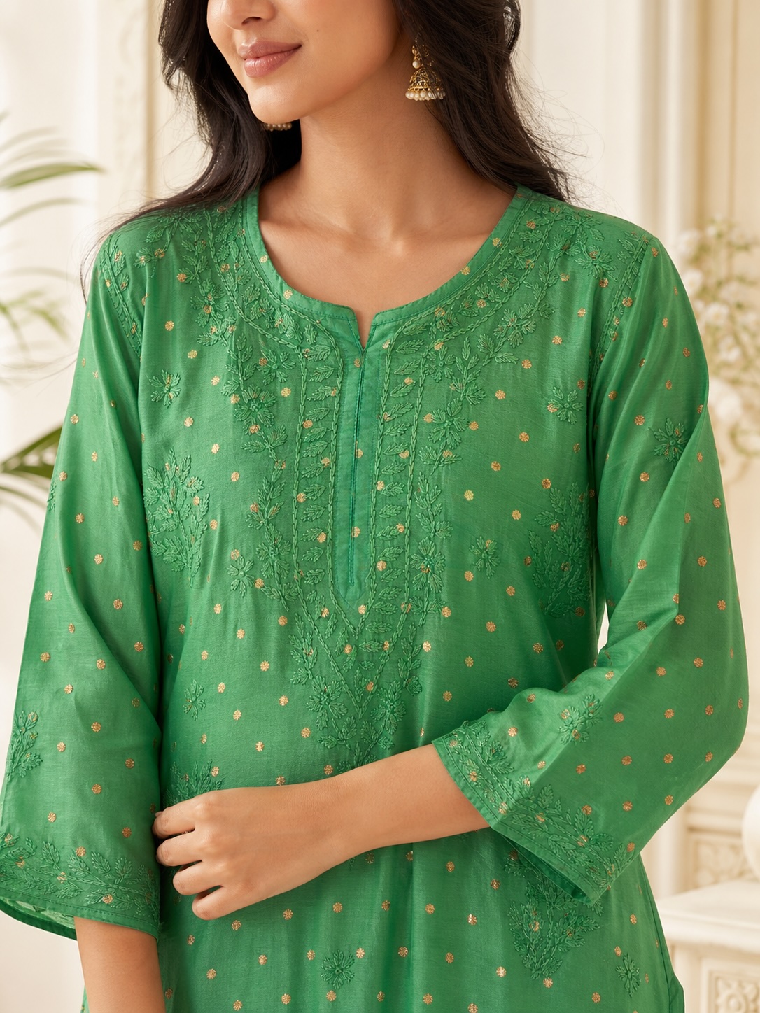 Green Chikankari Chanderi Dot Long Kurta view 2