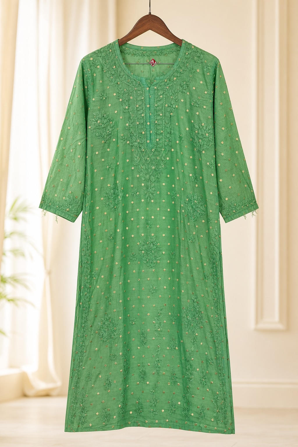 Green Chikankari Chanderi Dot Long Kurta view 3