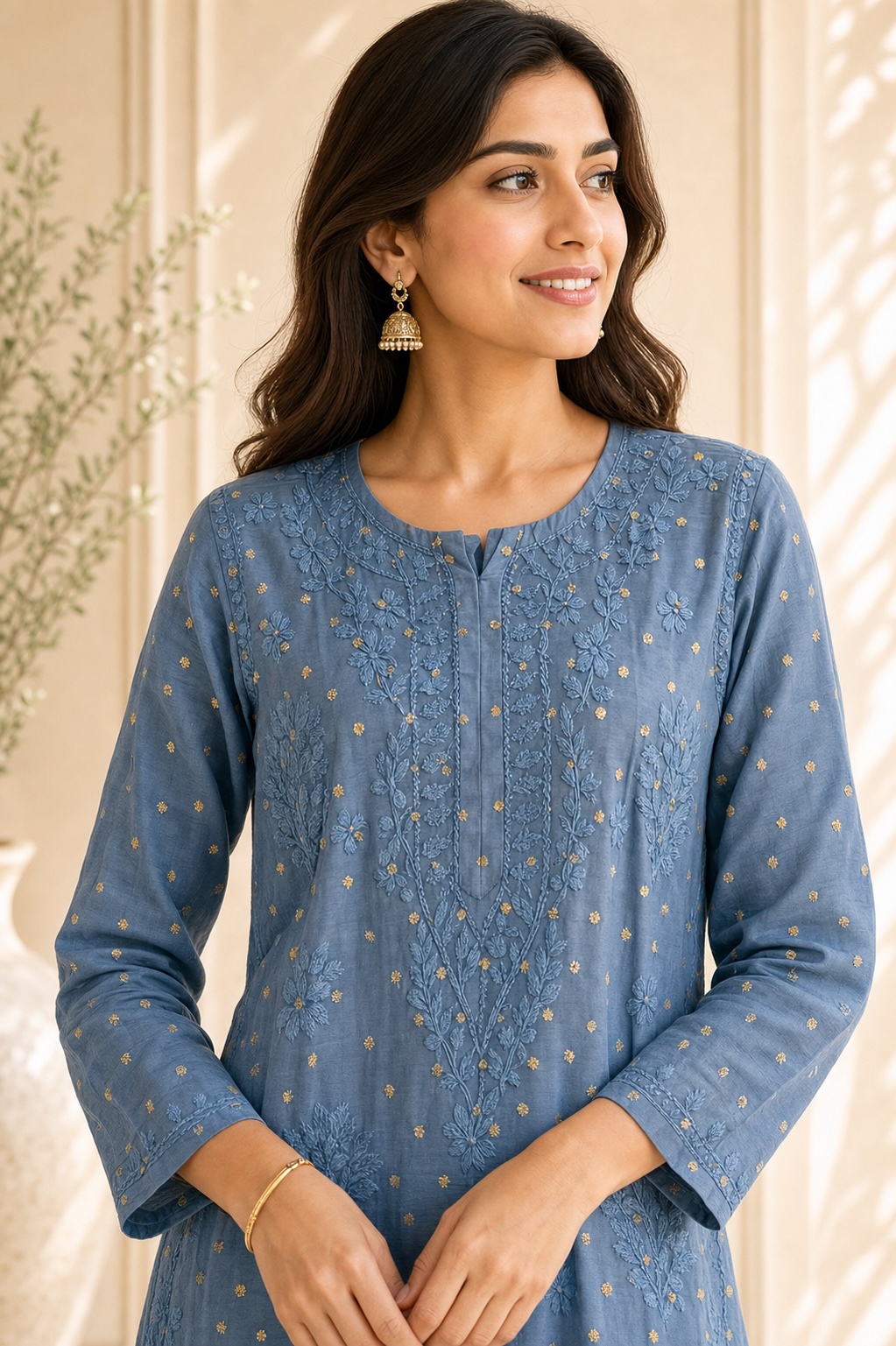 Dusty Blue Chikankari Chanderi Dot Long Kurta view 2