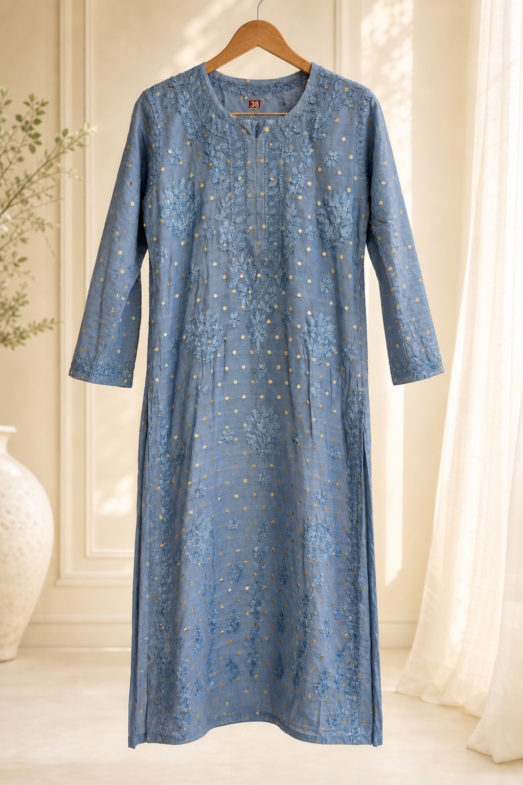 Dusty Blue Chikankari Chanderi Dot Long Kurta view 3
